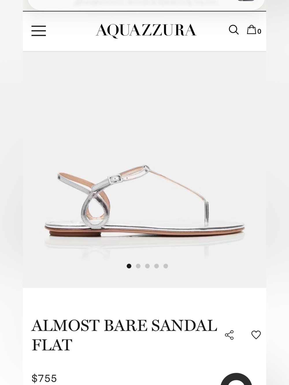 Aquazzura Silver T-Strap Almost Bare Flat Sandal size 40.5/ 0.5